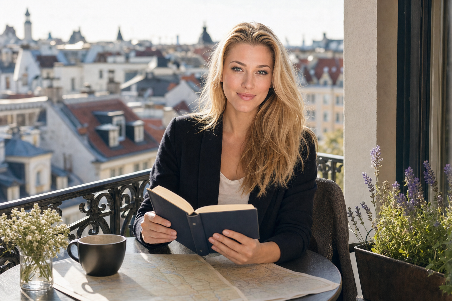 Nicole Junkerman liest auf einem Balkon, vor ihr eine Landkarte, dahinter Dächer.