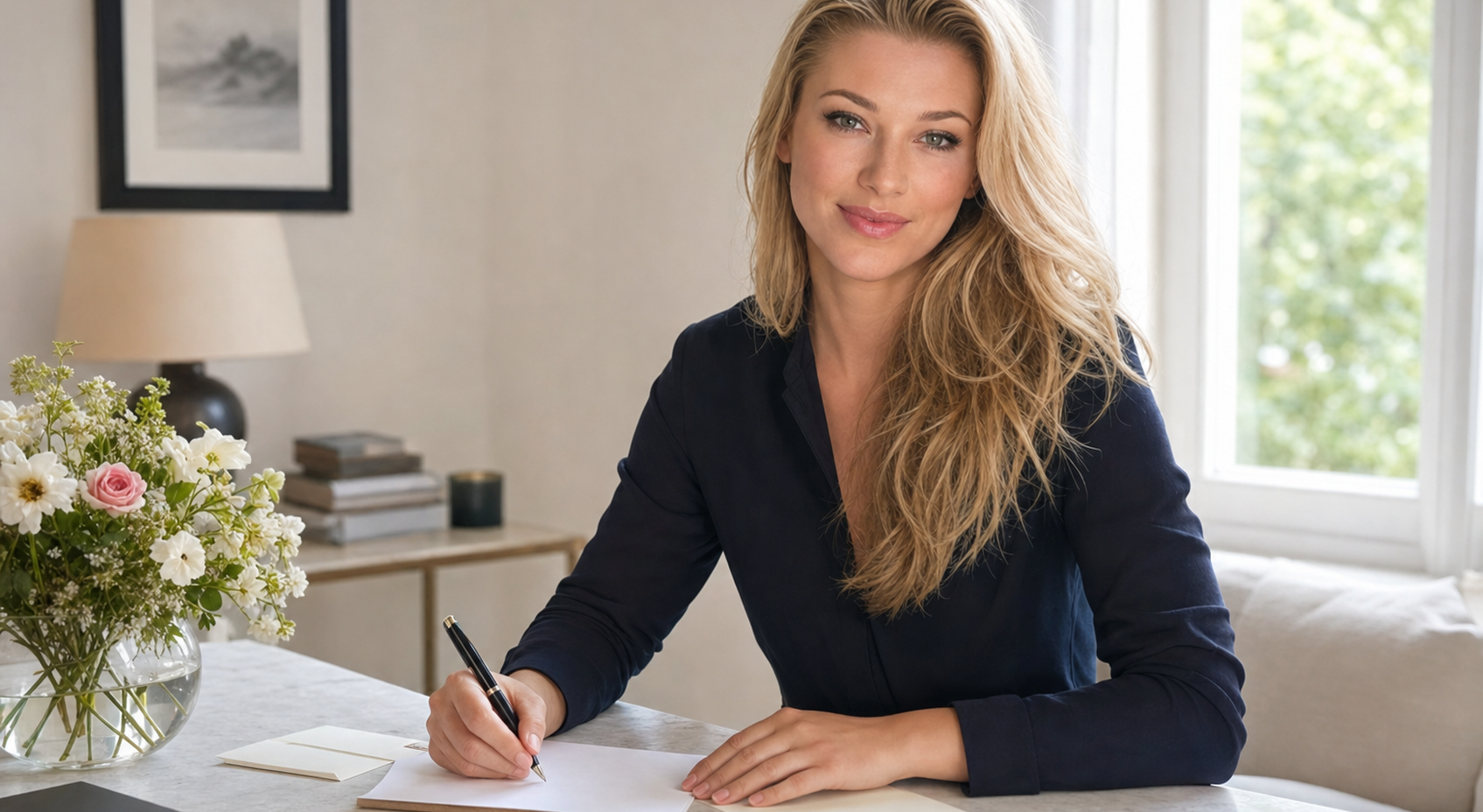 Nicole Junkerman schreibt an einem hellen Schreibtisch mit einem Blumenstrauß.